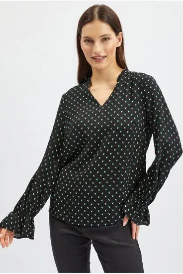 BS AKBA BLOUSE  STRAIGHT LS RUFFLE ON NECKLINE PRINT VISCOSE