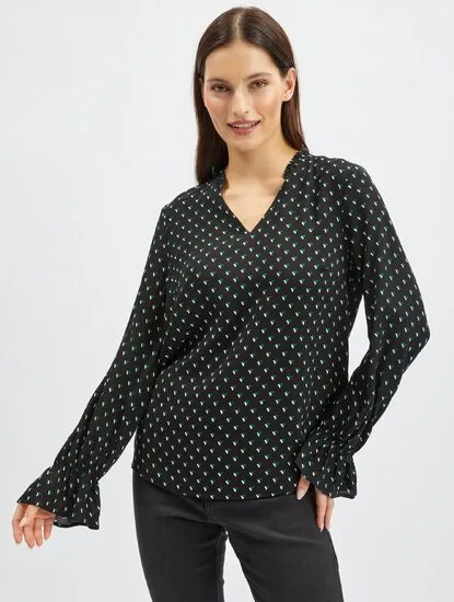 BS AKBA BLOUSE  STRAIGHT LS RUFFLE ON NECKLINE PRINT VISCOSE